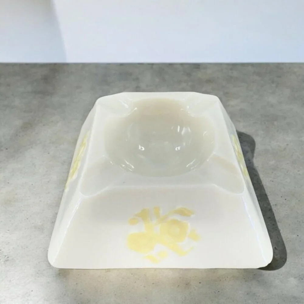 Vintage Belleek Ivory Porcelain Squared Raised Ashtray Dish Yellow Luster‎ VTG